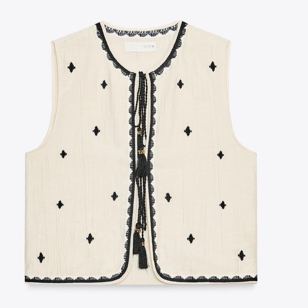 NWT ZARA VEST ONLY Cream Black Embroidered Sleeveless Top part of Shorts Set